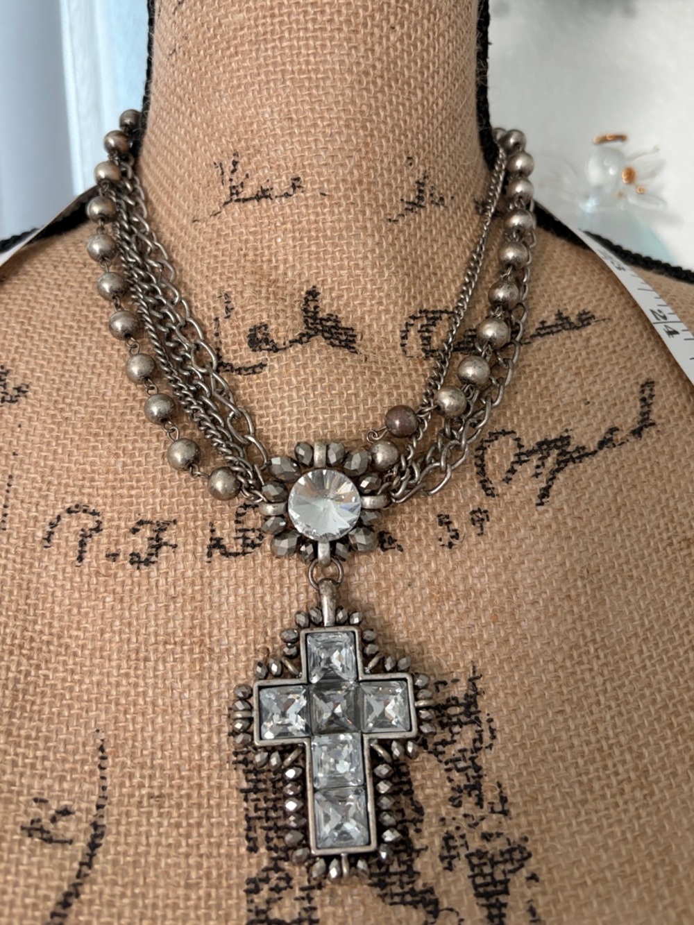 Rhinestone Cross Pendant Layered Necklace in Silver
